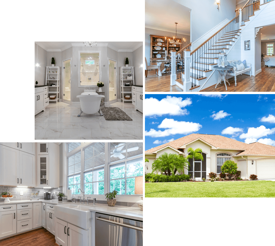 Photo composition - Elegant white bathroom, wooden stairs, kitchen, view from patio.